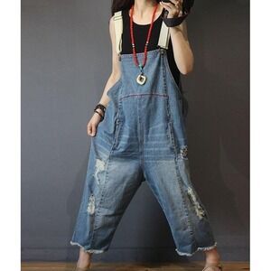 YESNO P49 Distressed Denim Overalls 3XL Cropped Raw Hem Baggy Jumpsuit